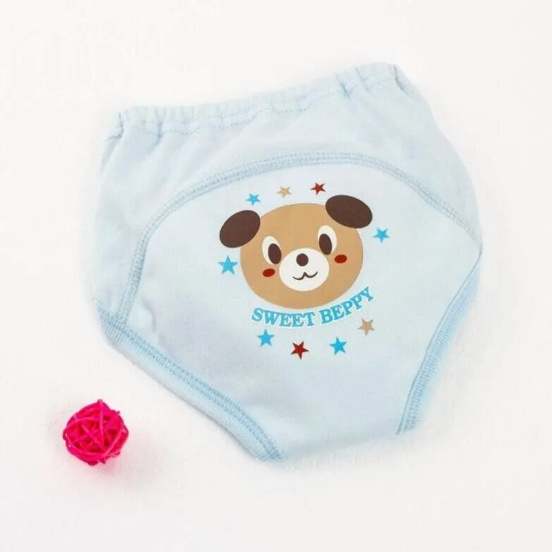 Reusable cotton training pants with four layers including waterproof PU barrier, animal print design