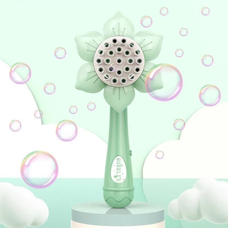 Sunflower shape plastic electric bubble blower toy in mint green colour on table