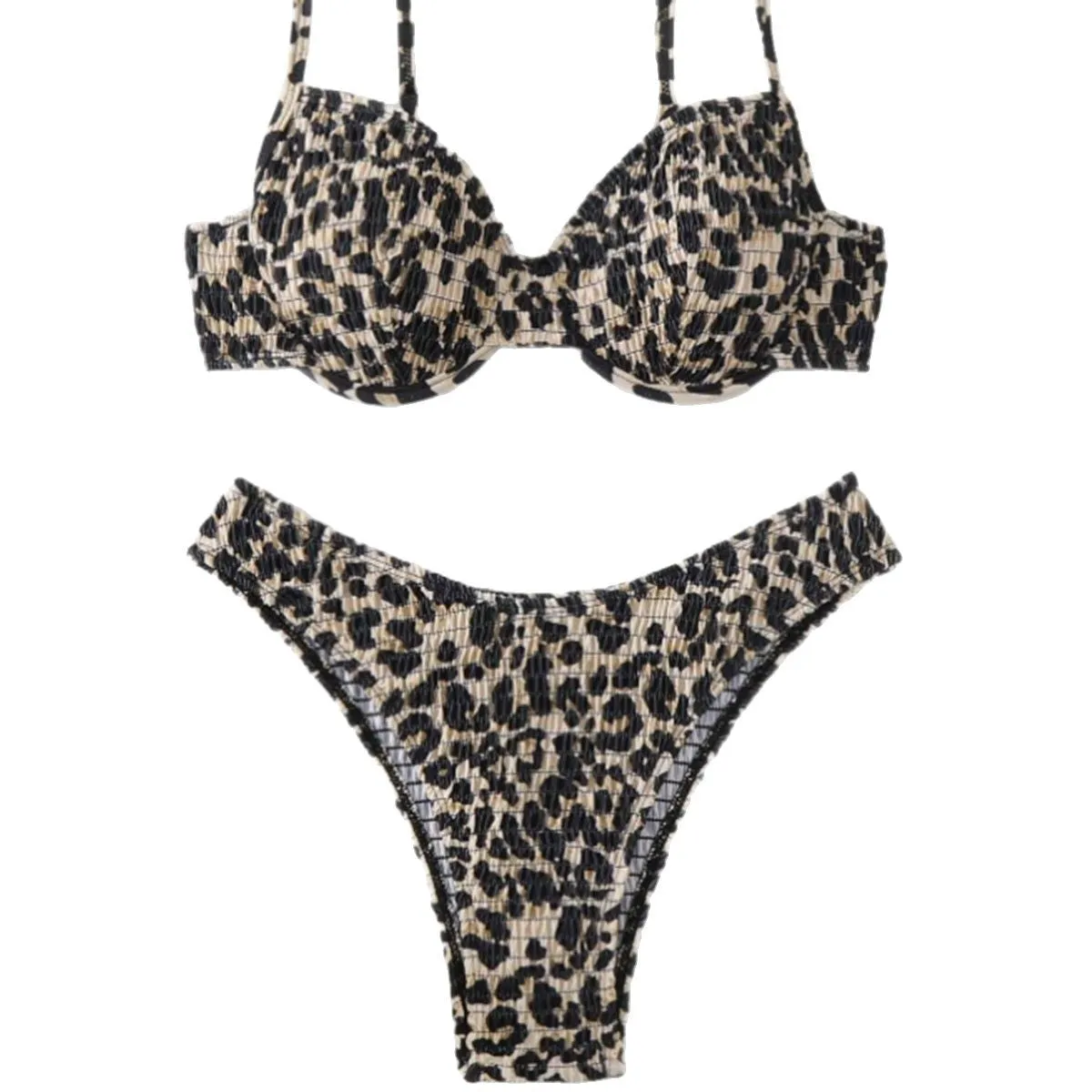 Women's leopard point bikini swimsuit in a backless brief style, shown in brown mixed colour.