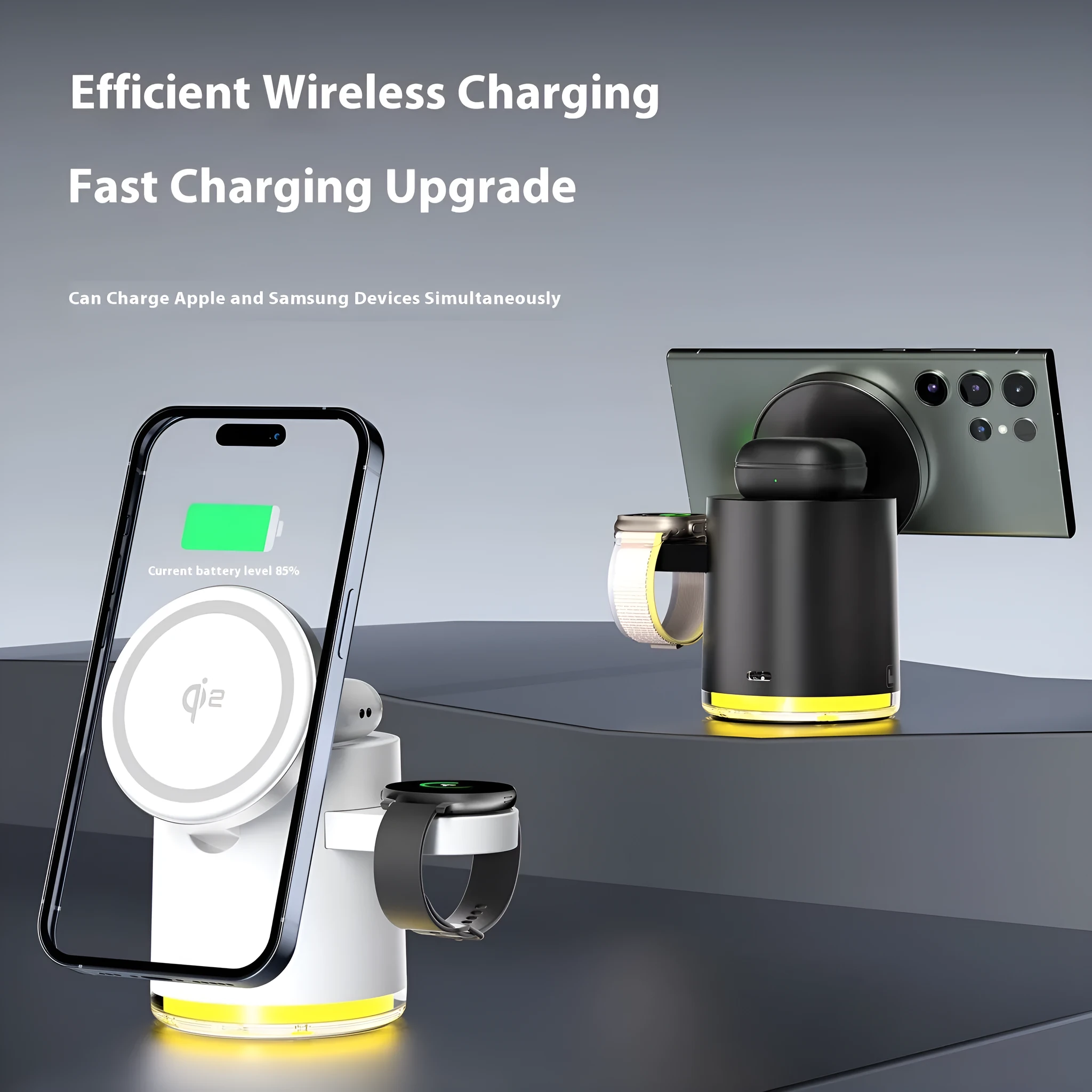 C16 portable magnetic three-in-one wireless folding charger in black or ivory white showing phone, watch and earbuds charging simultaneously
