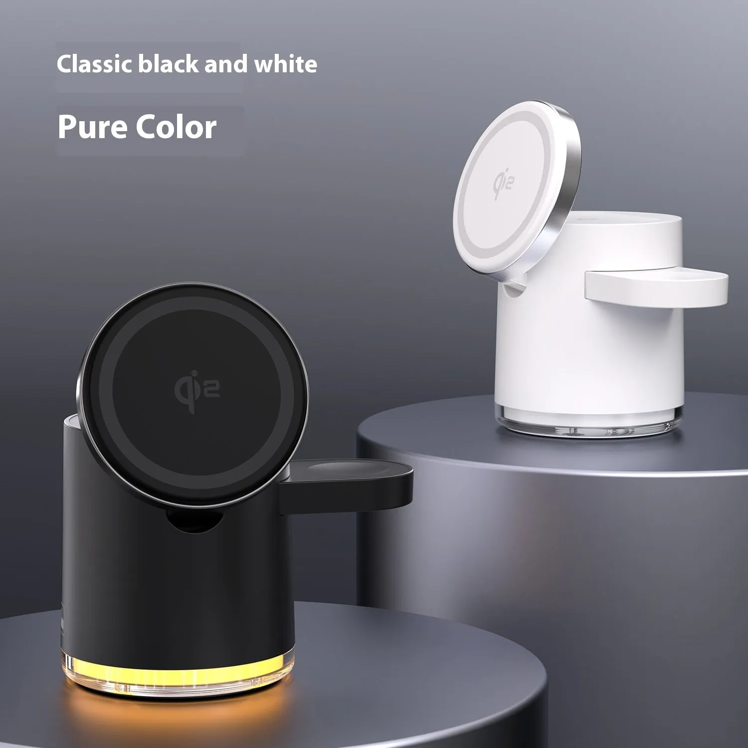 C16 portable magnetic three-in-one wireless folding charger in black or ivory white showing phone, watch and earbuds charging simultaneously