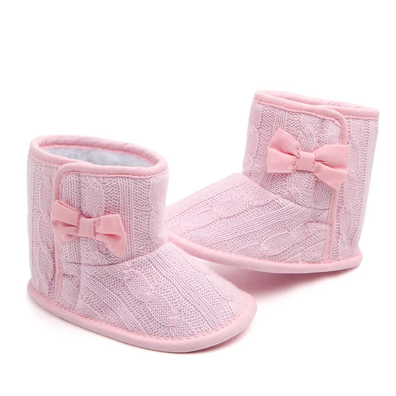 Wool knitted winter baby toddler shoes with bowknot in coffee colour 11cm sole