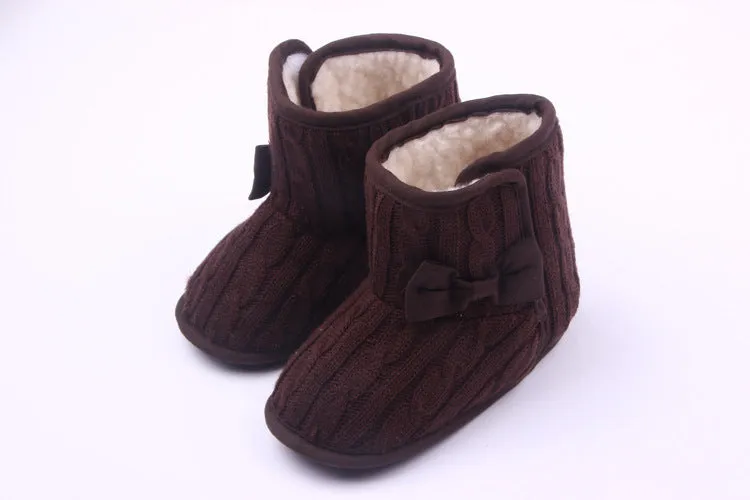 Wool knitted winter baby toddler shoes with bowknot in coffee colour 11cm sole