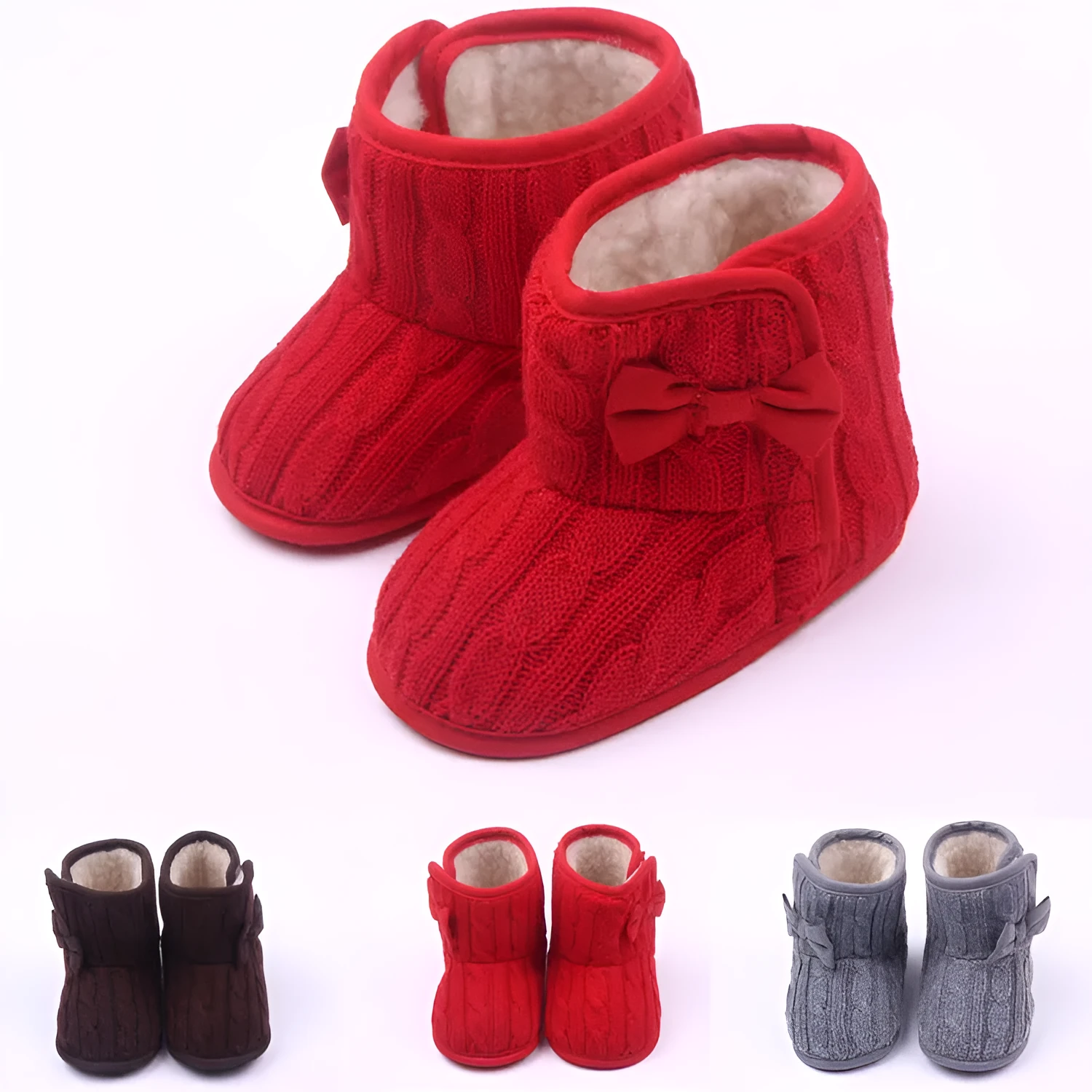 Wool knitted winter baby toddler shoes with bowknot in coffee colour 11cm sole