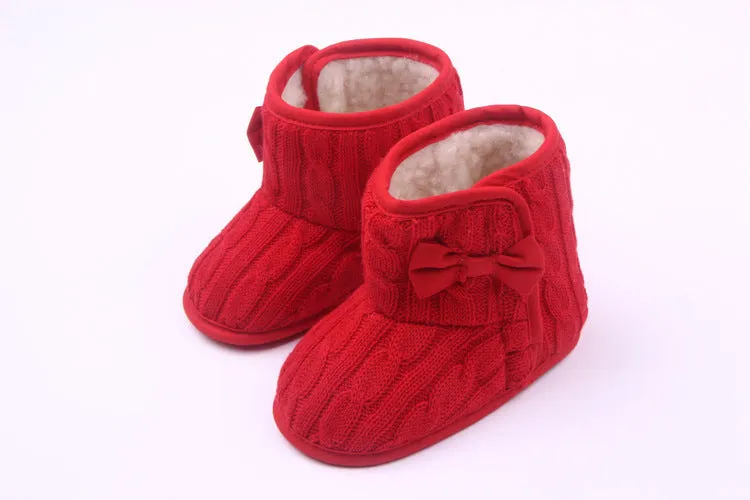 Wool knitted winter baby toddler shoes with bowknot in coffee colour 11cm sole