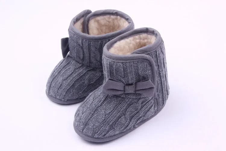 Wool knitted winter baby toddler shoes with bowknot in coffee colour 11cm sole