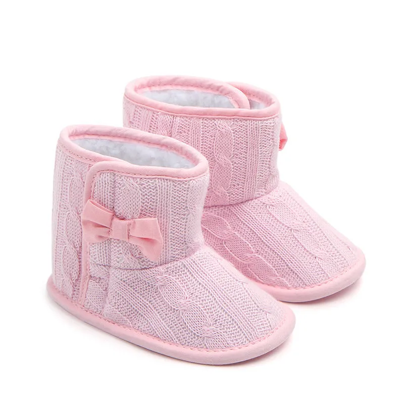 Wool knitted winter baby toddler shoes with bowknot in coffee colour 11cm sole