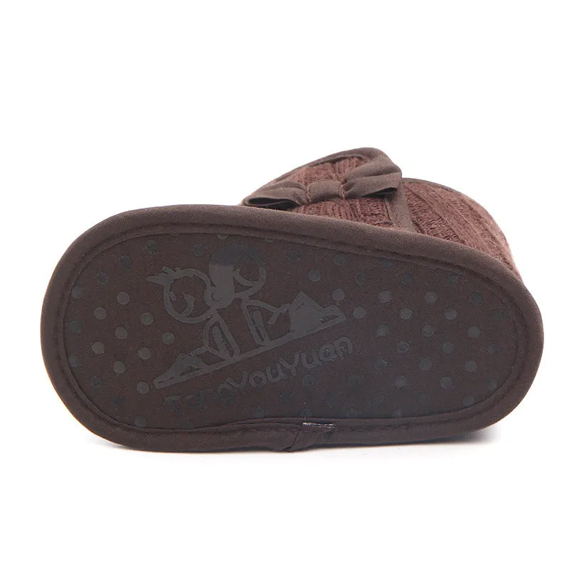 Wool knitted winter baby toddler shoes with bowknot in coffee colour 11cm sole