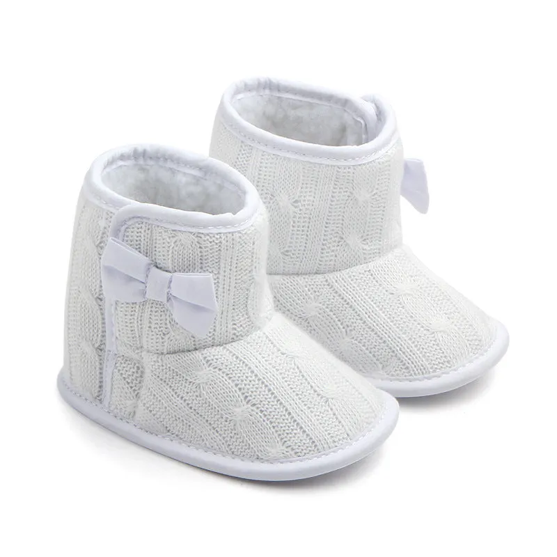 Wool knitted winter baby toddler shoes with bowknot in coffee colour 11cm sole