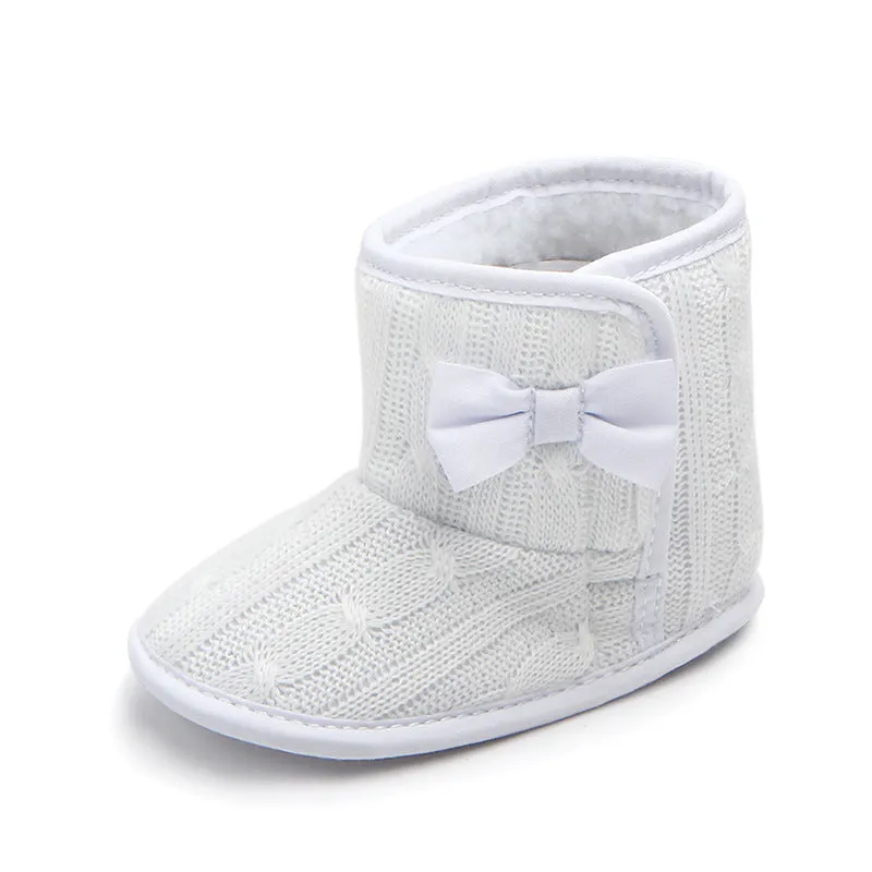 Wool knitted winter baby toddler shoes with bowknot in coffee colour 11cm sole
