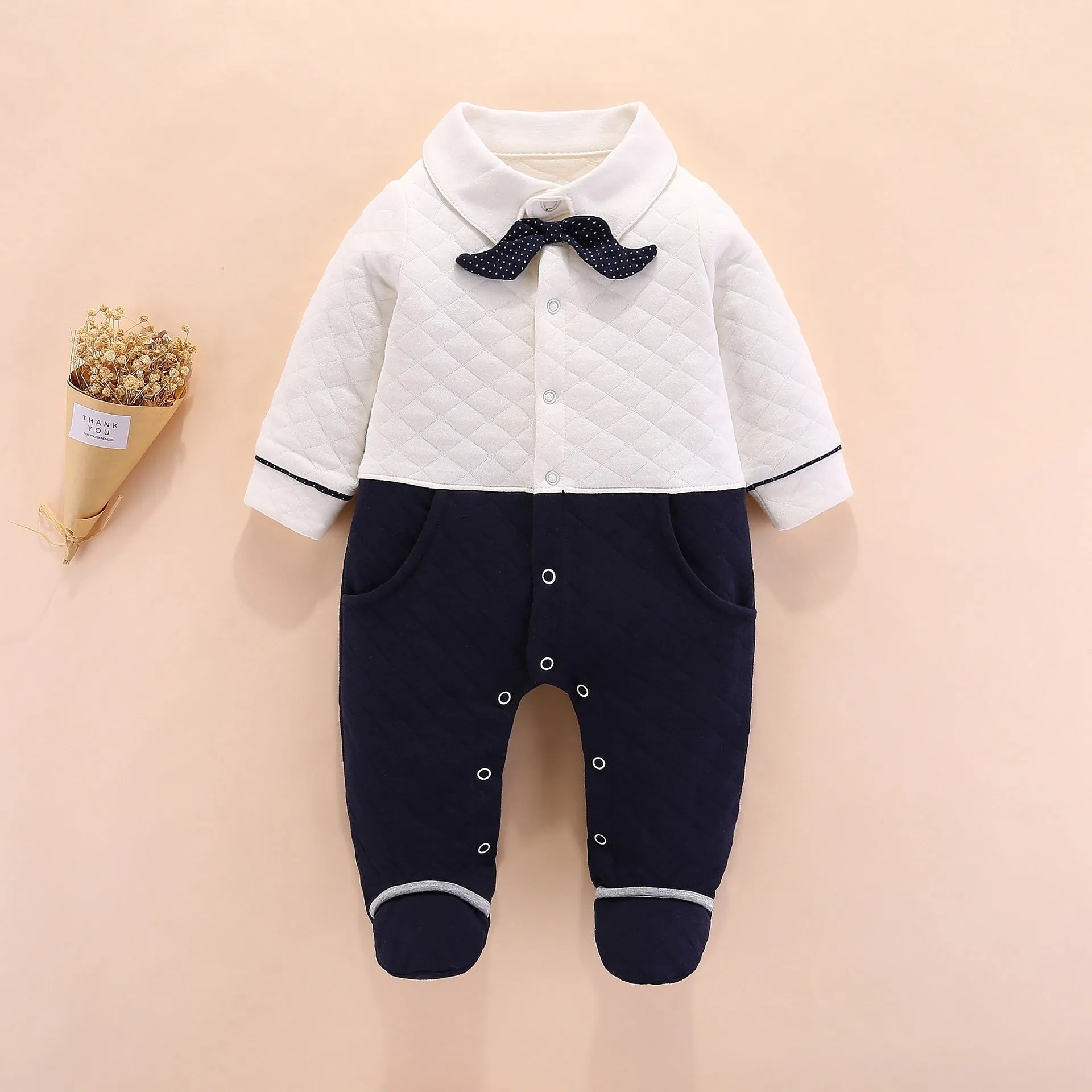 Baby boy gentleman onesie British style cotton long sleeve navy blue
