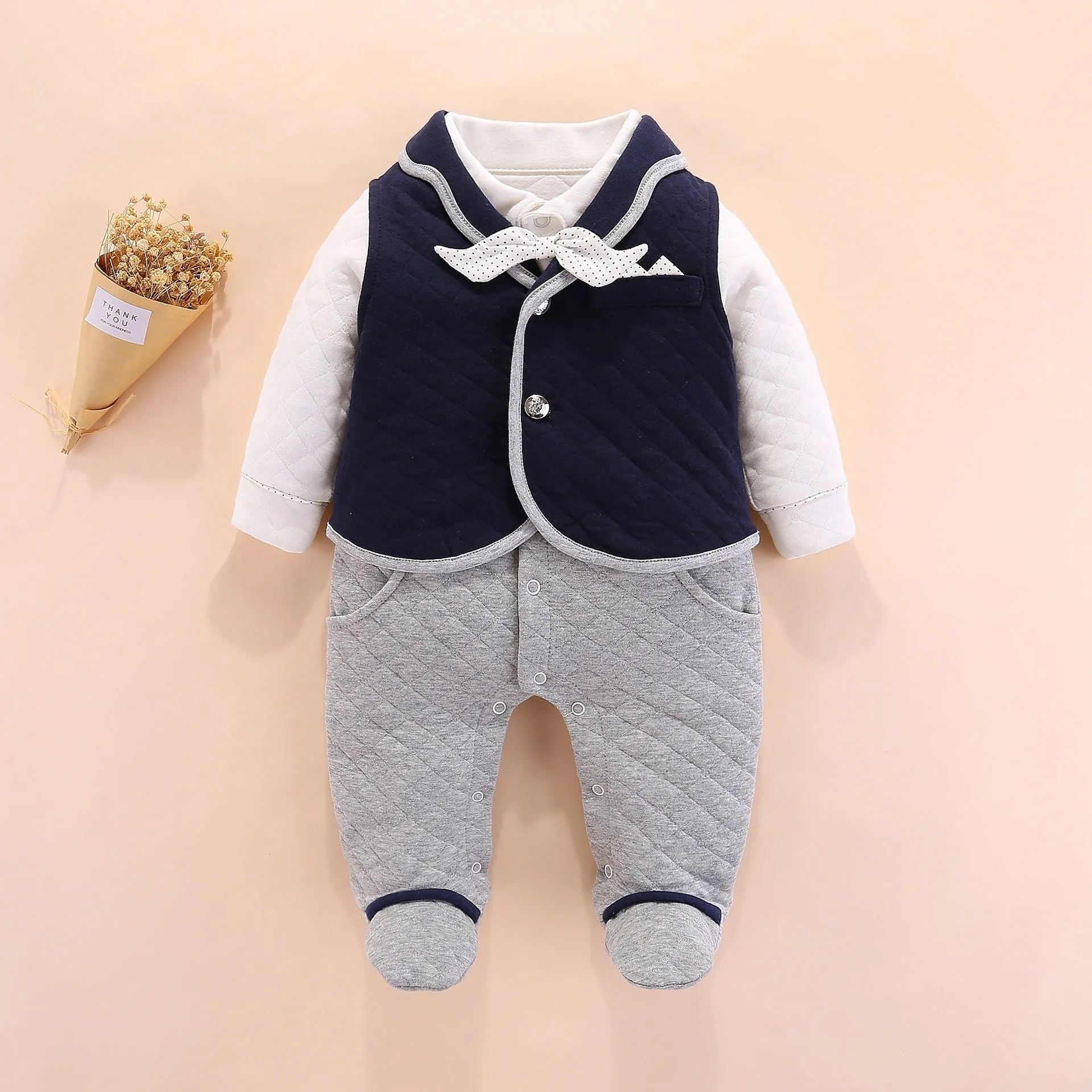 Baby boy gentleman onesie British style cotton long sleeve navy blue