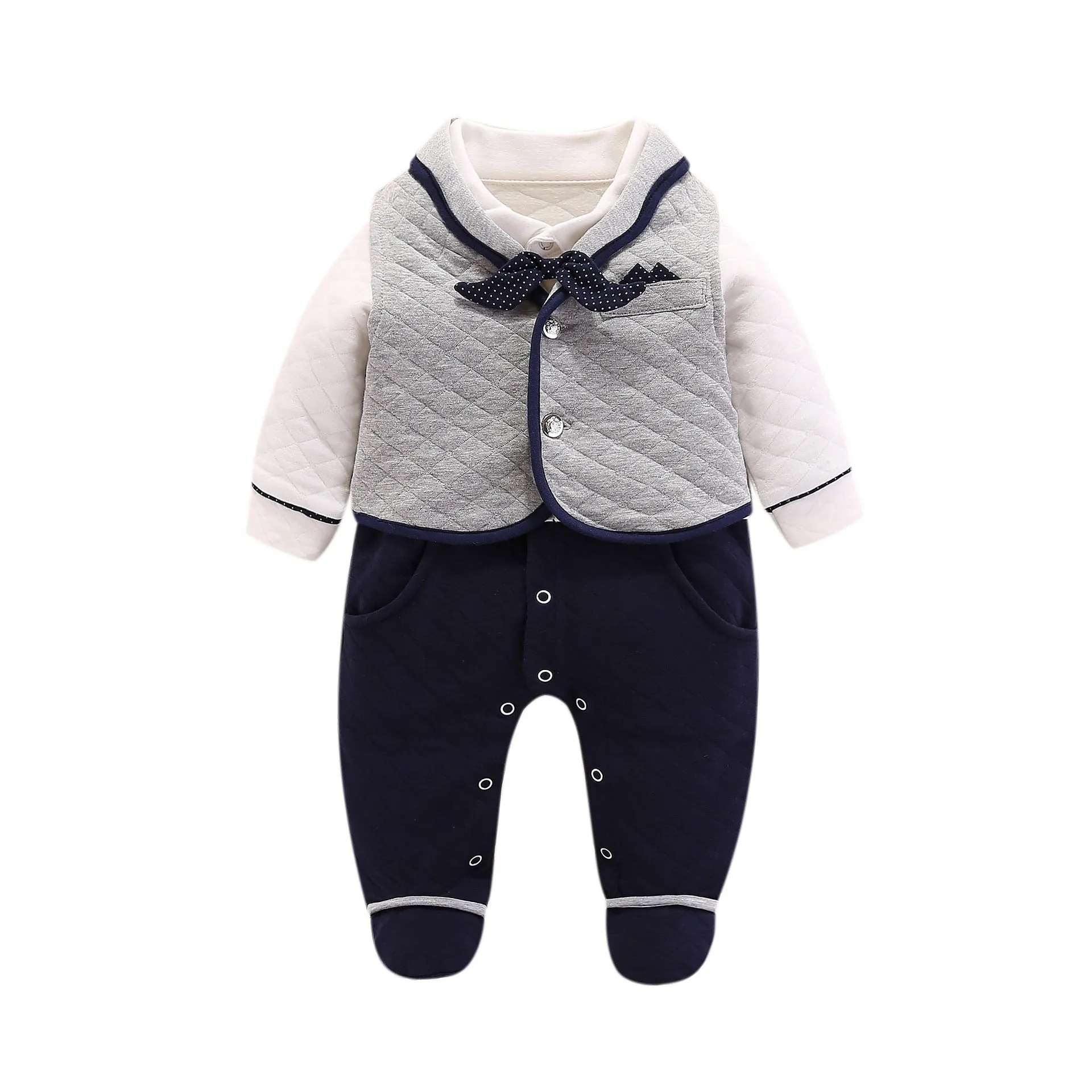 Baby boy gentleman onesie British style cotton long sleeve navy blue