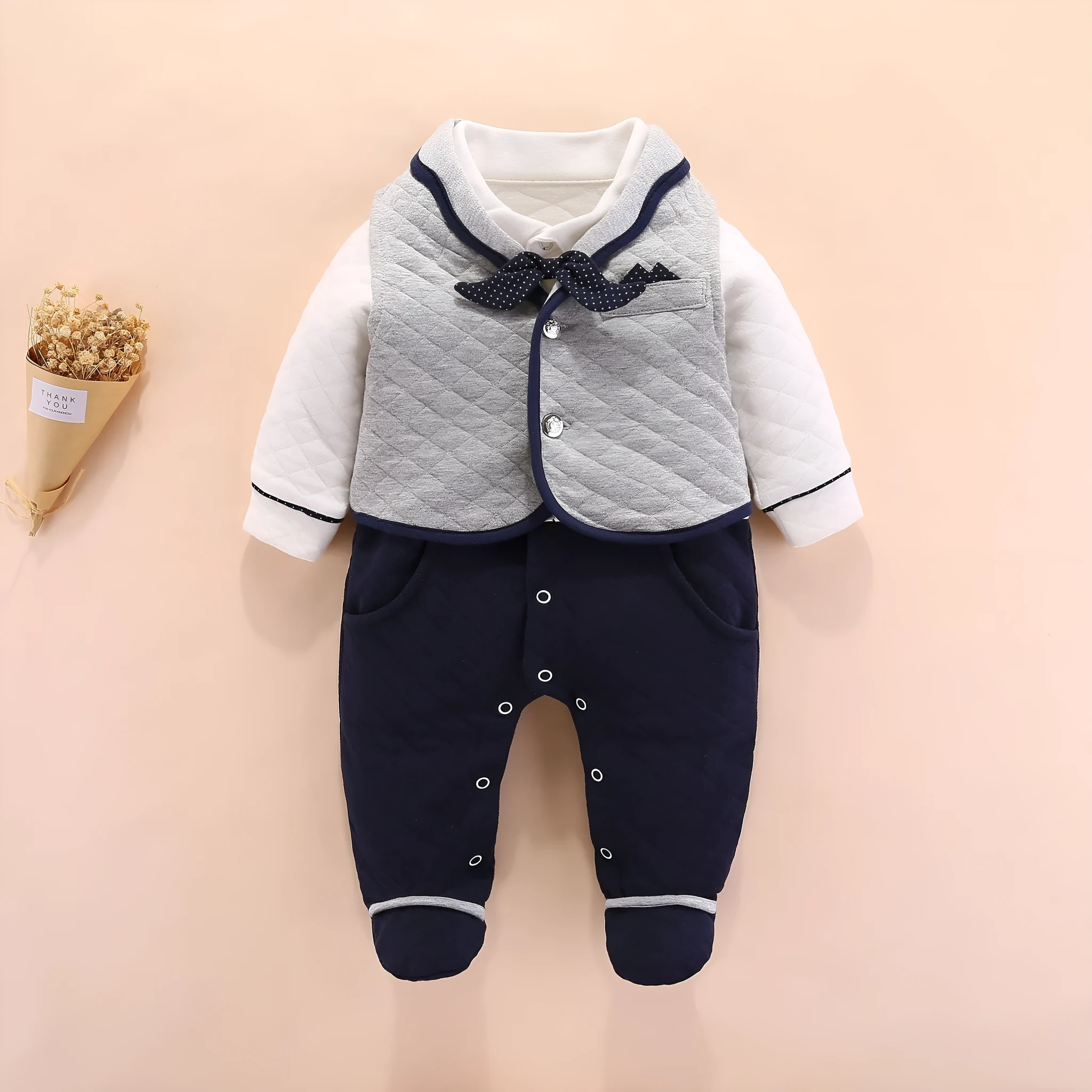 Baby boy gentleman onesie British style cotton long sleeve navy blue