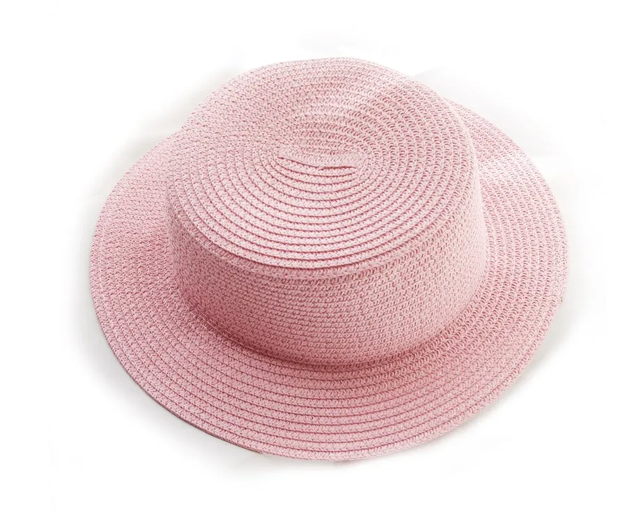 Lightweight foldable straw sun hat with wide brim, flat top, monochrome colour, for adults and children outdoor use