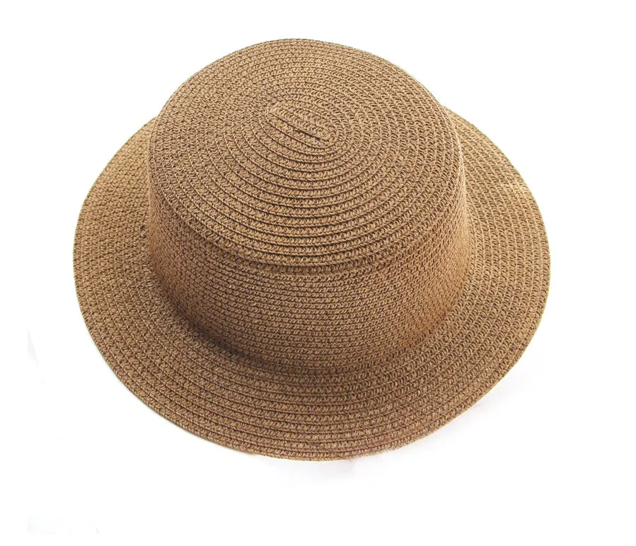 Lightweight foldable straw sun hat with wide brim, flat top, monochrome colour, for adults and children outdoor use