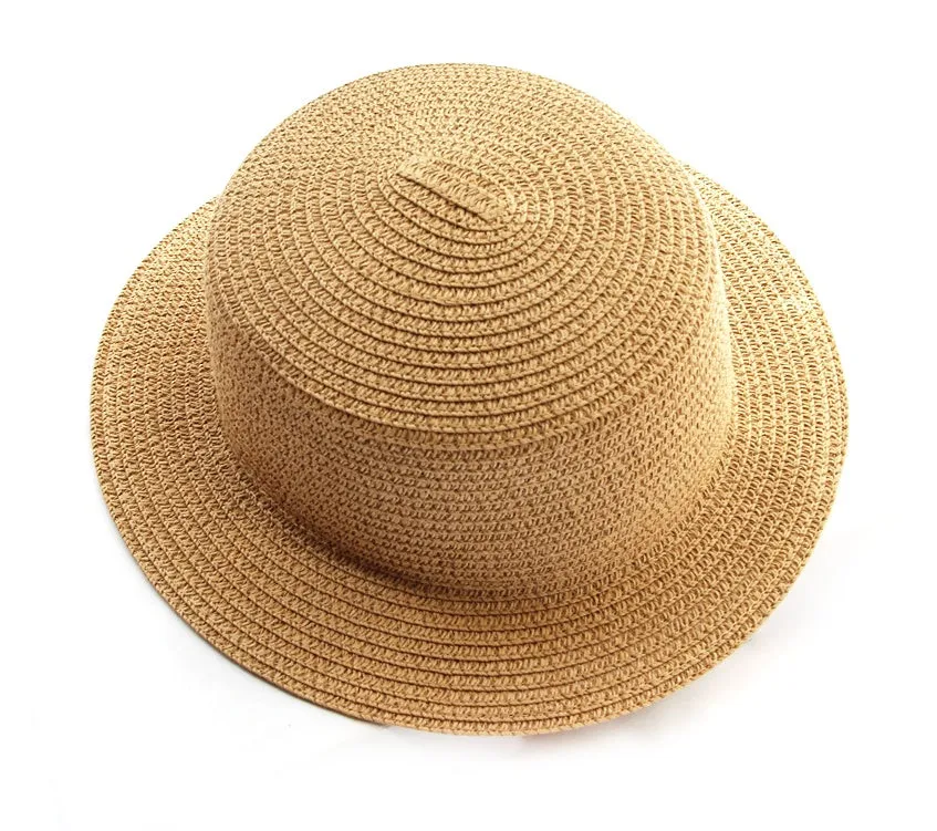 Lightweight foldable straw sun hat with wide brim, flat top, monochrome colour, for adults and children outdoor use
