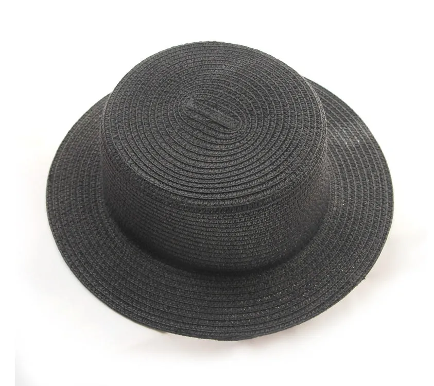 Lightweight foldable straw sun hat with wide brim, flat top, monochrome colour, for adults and children outdoor use