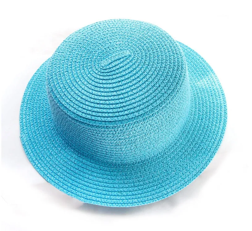 Lightweight foldable straw sun hat with wide brim, flat top, monochrome colour, for adults and children outdoor use