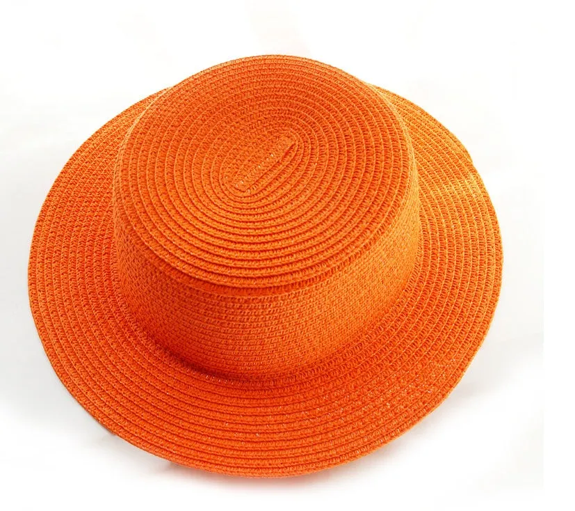 Lightweight foldable straw sun hat with wide brim, flat top, monochrome colour, for adults and children outdoor use