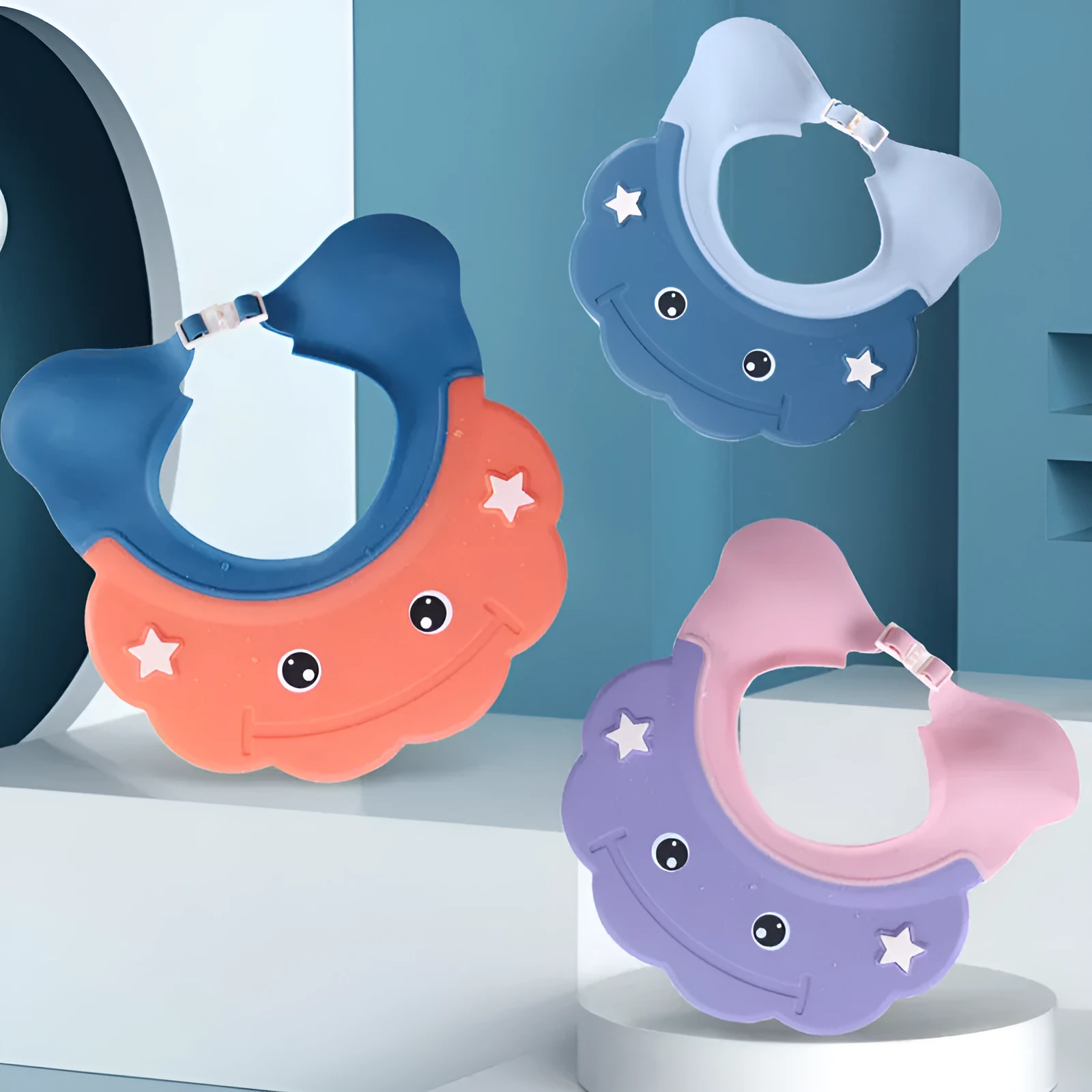 Adjustable plastic baby shower cap protector in blue colour for hair washing
