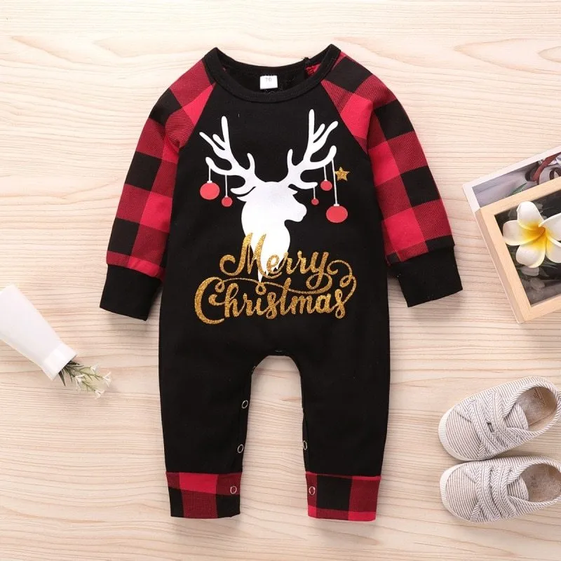 Santa's Elk Romper red plaid Christmas romper with long sleeves in soft cotton