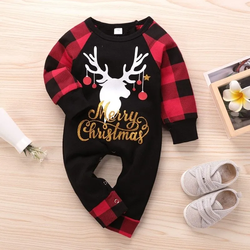 Santa's Elk Romper red plaid Christmas romper with long sleeves in soft cotton