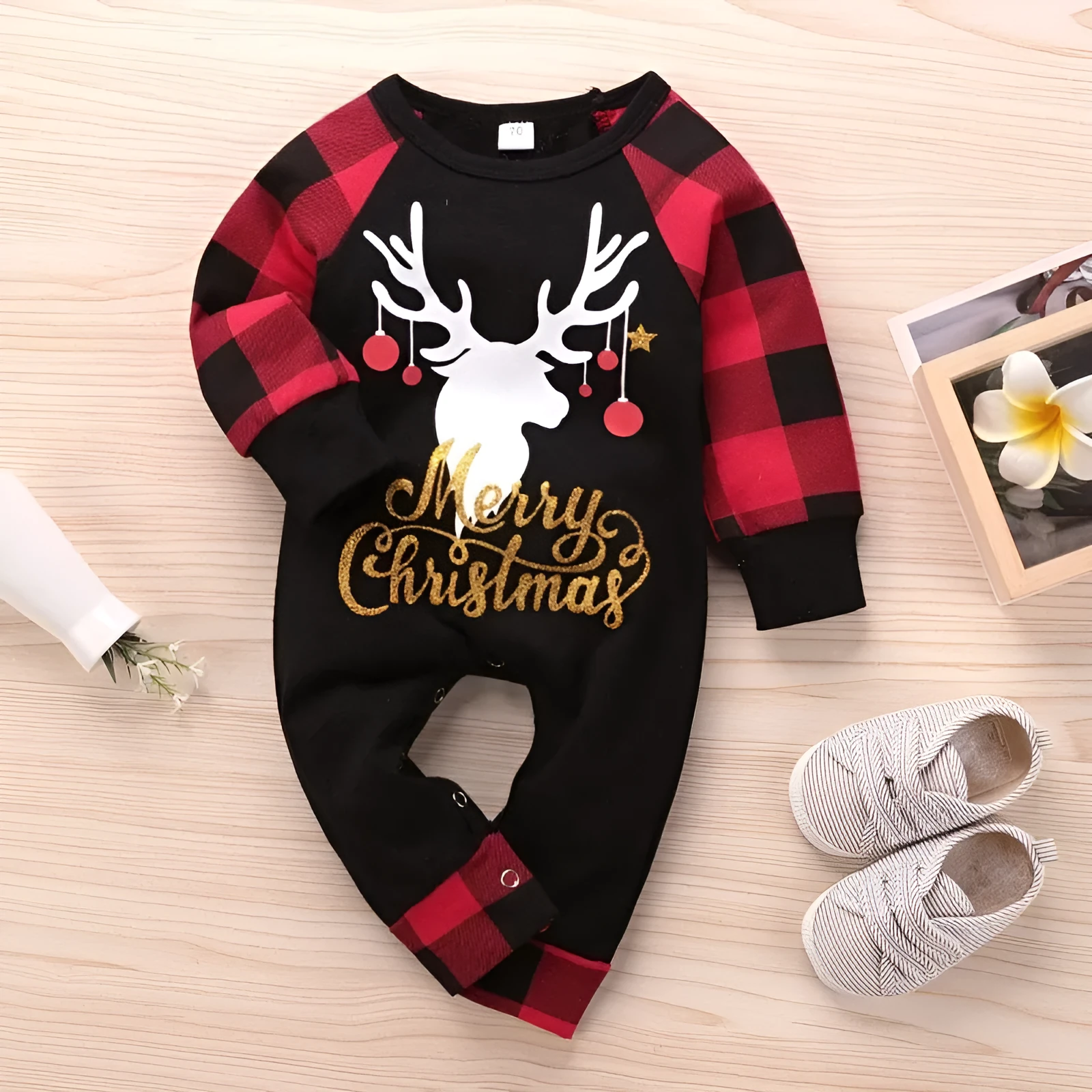 Santa's Elk Romper red plaid Christmas romper with long sleeves in soft cotton