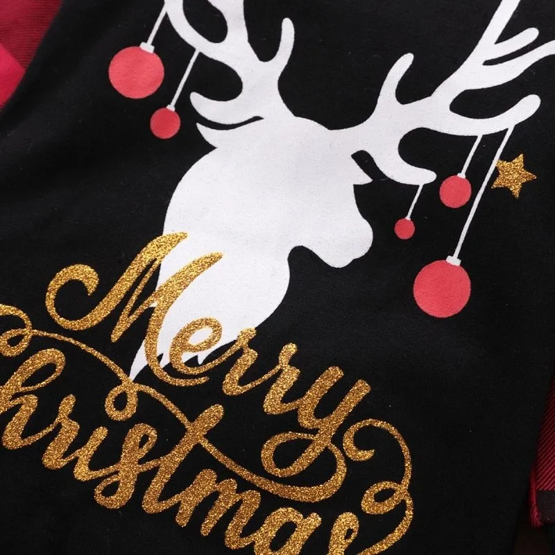 Santa's Elk Romper red plaid Christmas romper with long sleeves in soft cotton
