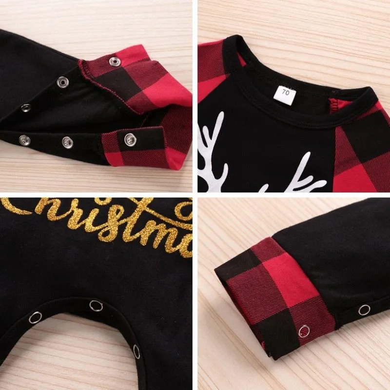 Santa's Elk Romper red plaid Christmas romper with long sleeves in soft cotton