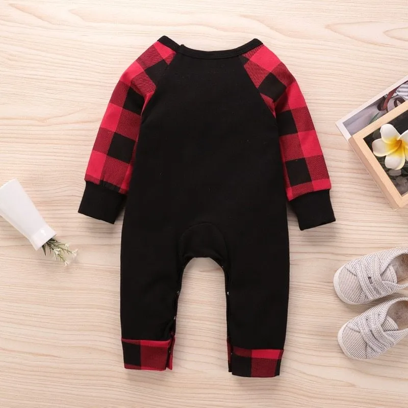 Santa's Elk Romper red plaid Christmas romper with long sleeves in soft cotton