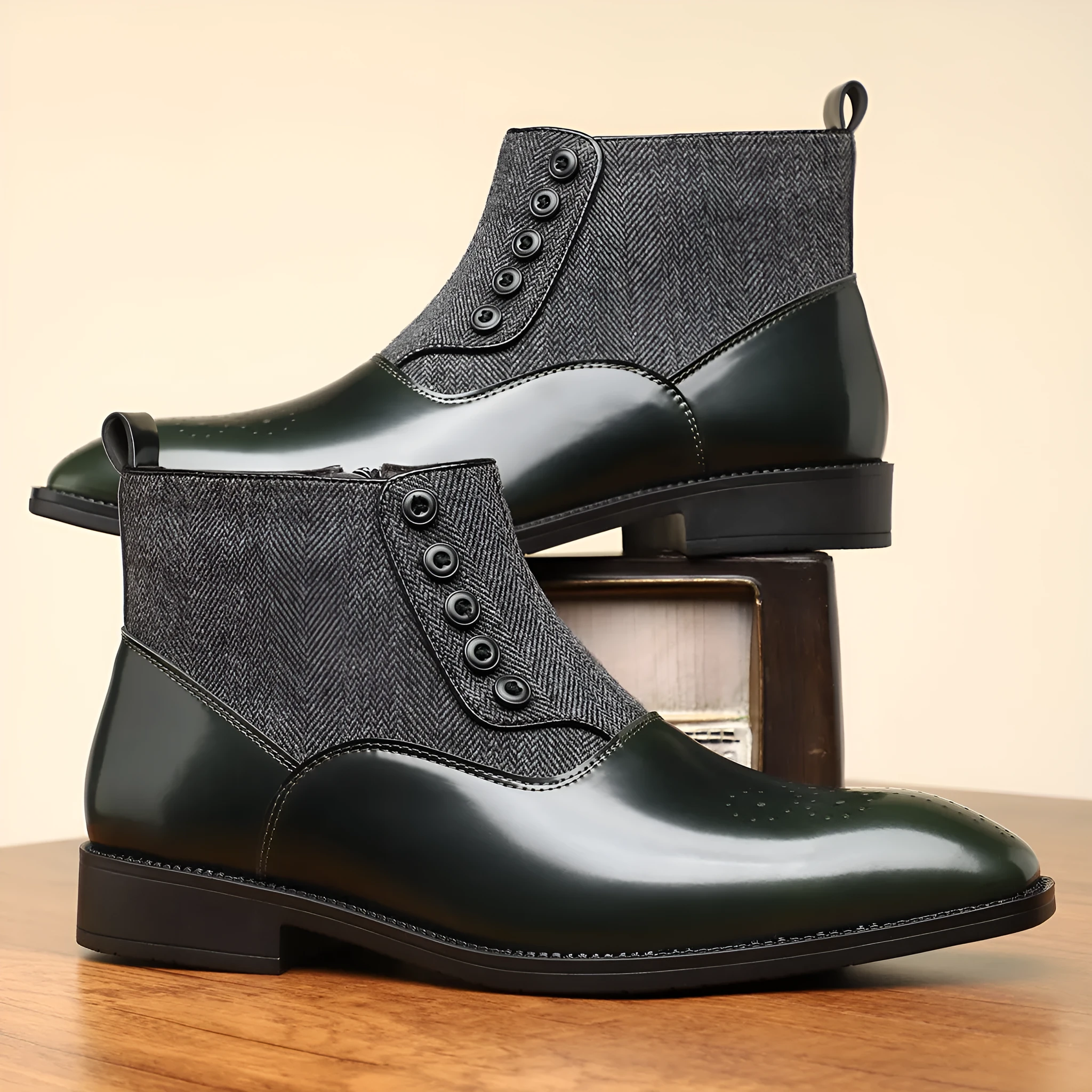 Men's brown retro formal business shoes with side zip and square toe.