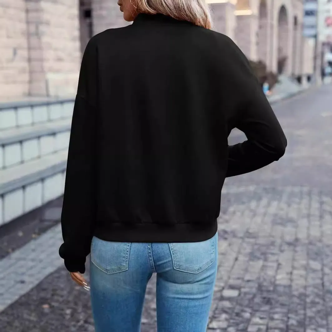 Black women's polyester casual jacket with long sleeves and zip closure