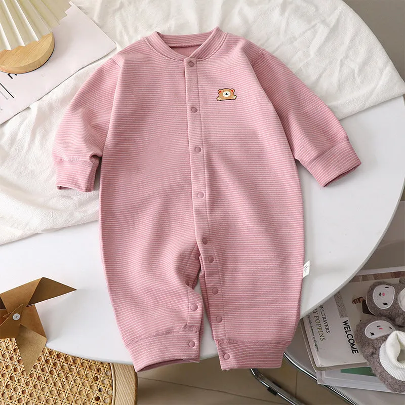 Baby Dralon striped jumpsuit romper in bean green with long sleeves and hide hook closure on white background