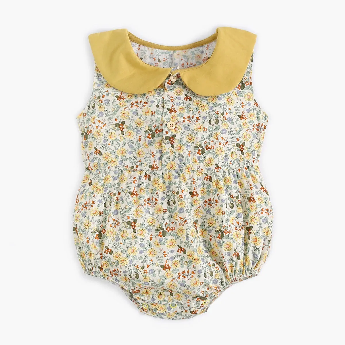 Yellow cotton floral baby romper with doll collar, triangle jumpsuit style for girls 0-6 months to 2-3 years