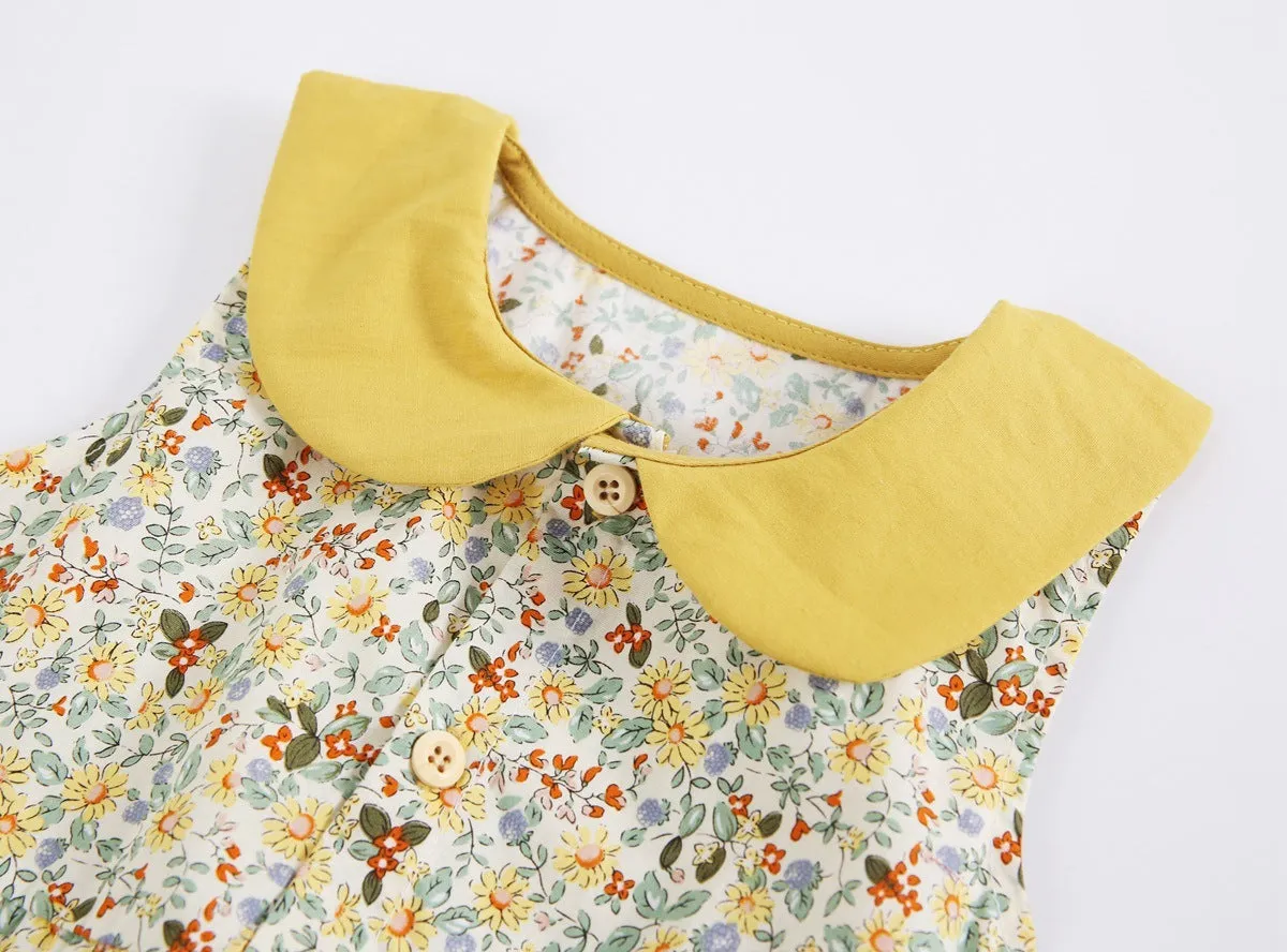 Yellow cotton floral baby romper with doll collar, triangle jumpsuit style for girls 0-6 months to 2-3 years