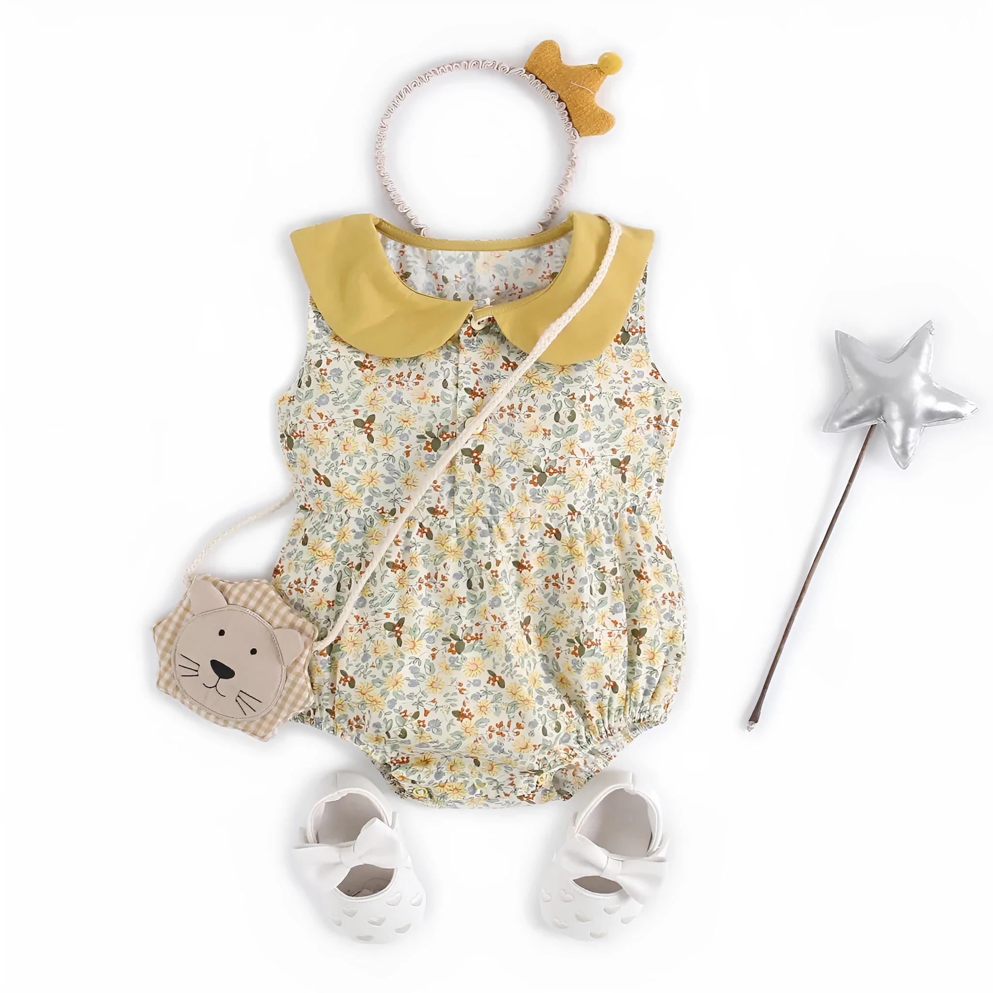 Yellow cotton floral baby romper with doll collar, triangle jumpsuit style for girls 0-6 months to 2-3 years