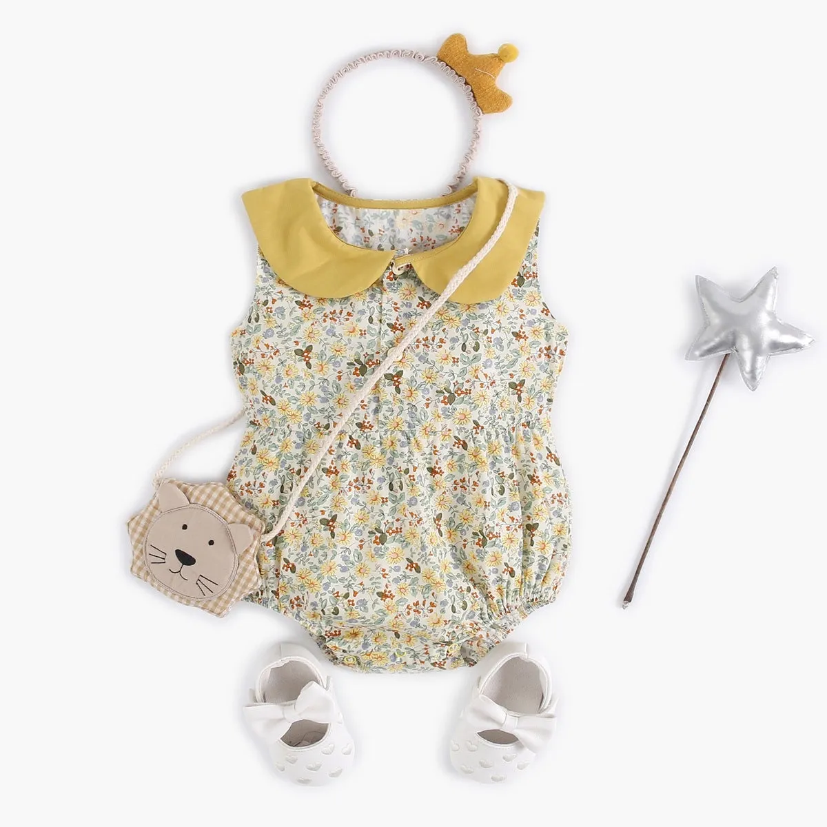 Yellow cotton floral baby romper with doll collar, triangle jumpsuit style for girls 0-6 months to 2-3 years
