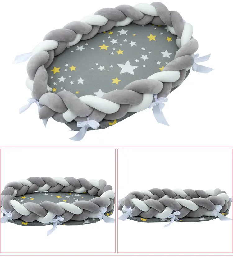 Woven twist baby bionic bed in cotton, available in Green, Star, and Yellow colours