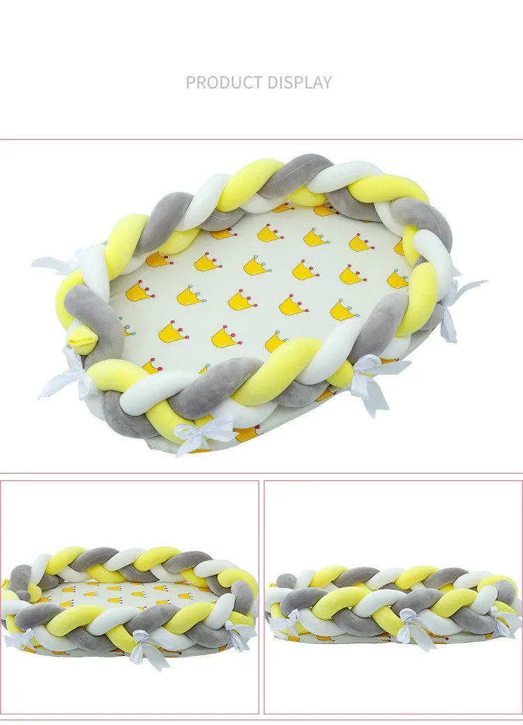 Woven twist baby bionic bed in cotton, available in Green, Star, and Yellow colours