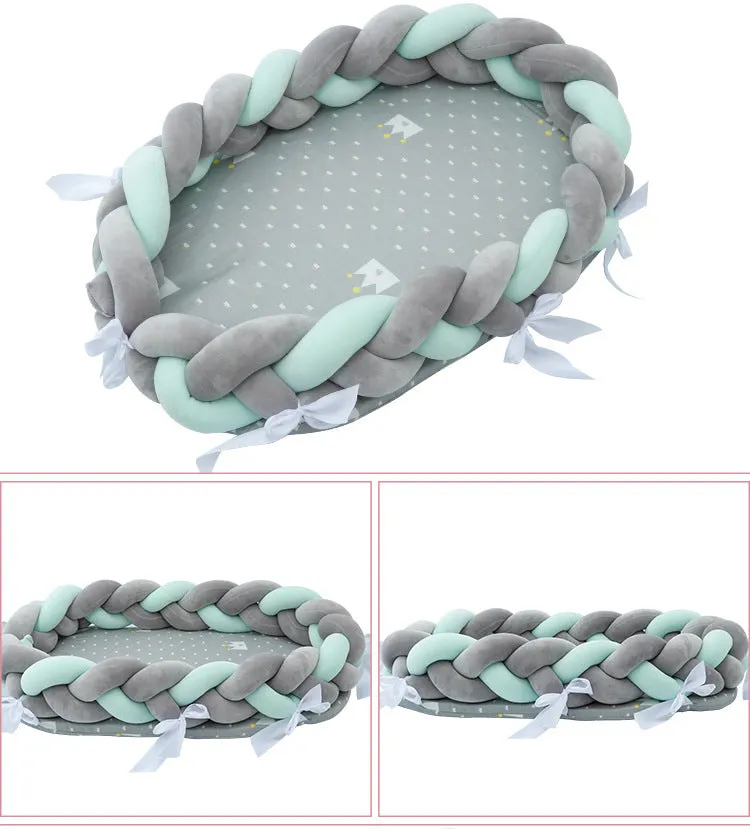 Woven twist baby bionic bed in cotton, available in Green, Star, and Yellow colours