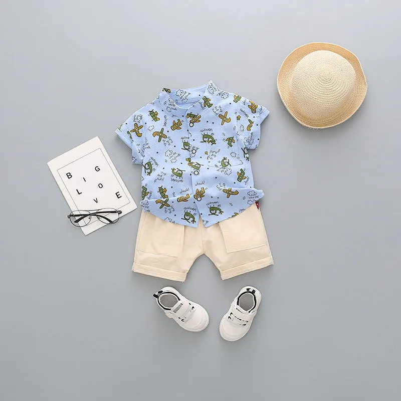 Children's cotton short-sleeved shorts suit for boys, available in multiple colours including airplane design