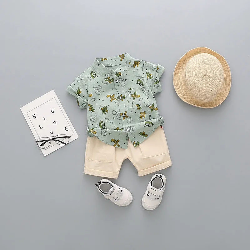 Children's cotton short-sleeved shorts suit for boys, available in multiple colours including airplane design