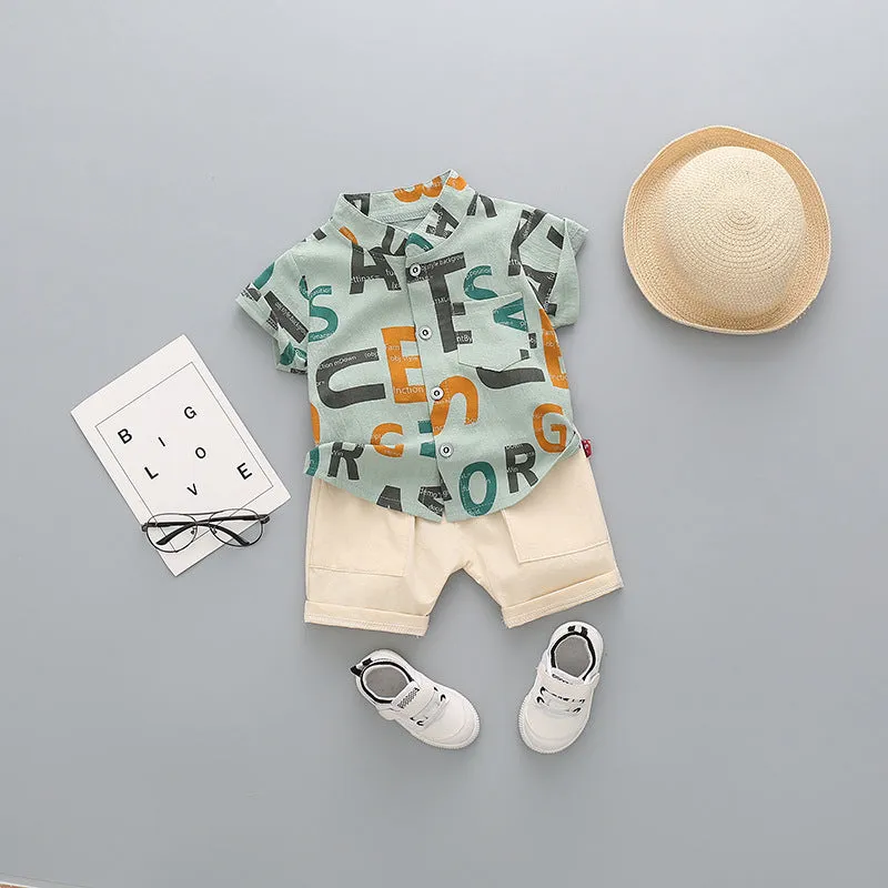 Children's cotton short-sleeved shorts suit for boys, available in multiple colours including airplane design