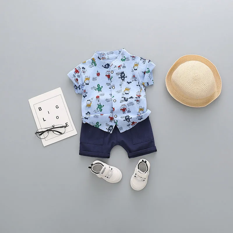 Children's cotton short-sleeved shorts suit for boys, available in multiple colours including airplane design