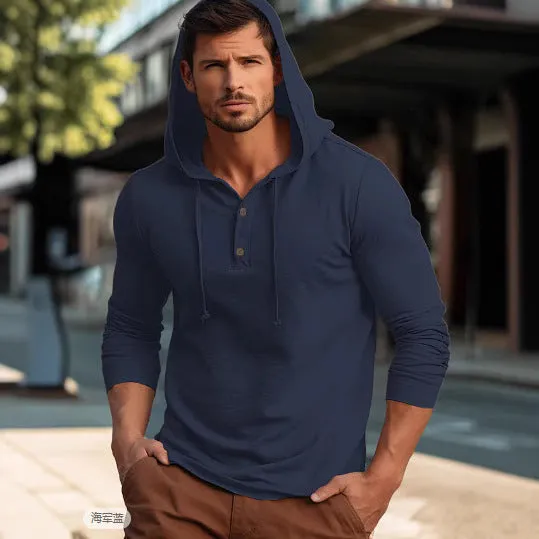Cotton casual sports hoodie pullover in dark blue colour with long sleeves