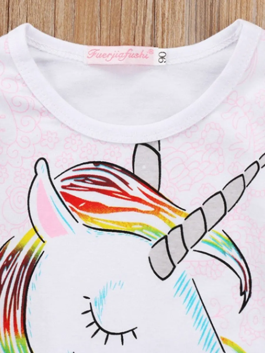 White children's cotton T-shirt with stereo horse hair print and abstract animal cartoon pattern, long sleeve round neck style for boys and girls