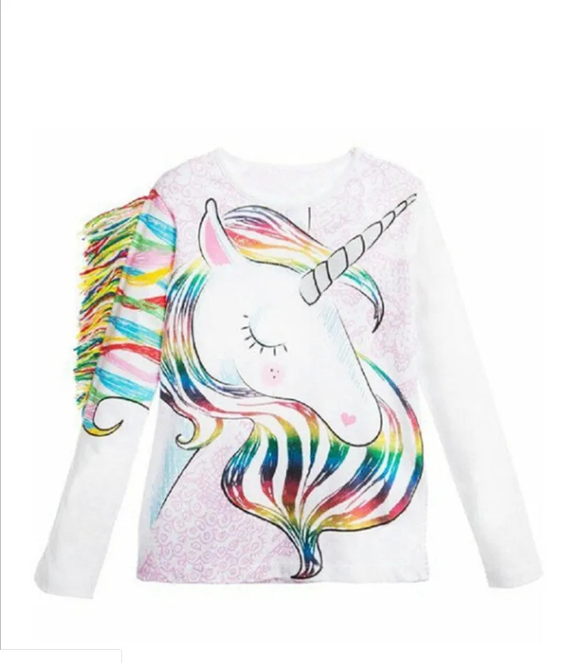 White children's cotton T-shirt with stereo horse hair print and abstract animal cartoon pattern, long sleeve round neck style for boys and girls