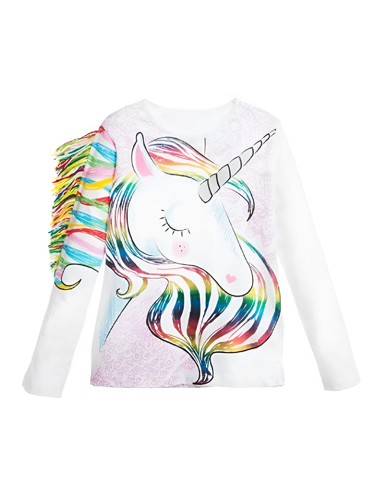 White children's cotton T-shirt with stereo horse hair print and abstract animal cartoon pattern, long sleeve round neck style for boys and girls