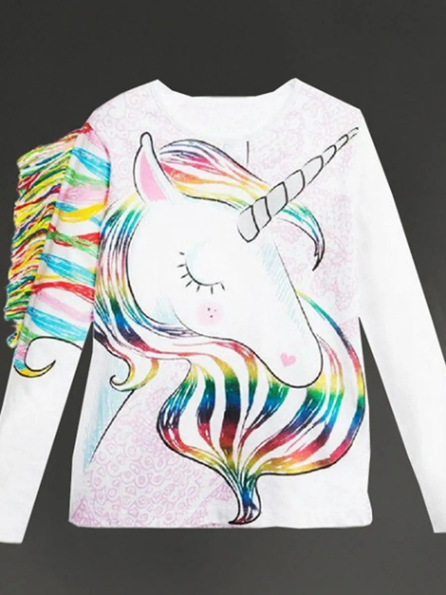 White children's cotton T-shirt with stereo horse hair print and abstract animal cartoon pattern, long sleeve round neck style for boys and girls